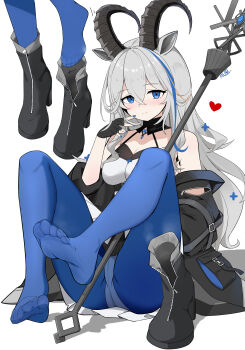 1girl absurdres arknights blue_eyes blue_pantyhose blush boots feet fengqun goat_horns grey_hair highres horns long_hair looking_at_viewer multicolored_hair panties panties_under_pantyhose pantyhose pantyshot shoes smile soles steam streaked_hair toes underwear unworn_boots unworn_shoes