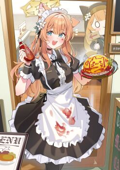 1girl absurdres animal_ear_fluff animal_ears apron arrow_(symbol) black_dress blue_archive blue_eyes blush bottle cat_ears cat_girl cat_tail commentary_request dress food food_writing frilled_apron frilled_dress frills halo highres holding holding_bottle holding_sign ketchup_bottle long_hair looking_at_viewer maid maid_apron maid_headdress mari_(blue_archive) mascot_costume muo_(muojjang_0929) omelet omurice open_mouth orange_hair sign single_ear_down smile tail tomato tomato_sauce waist_apron white_headdress yellow_halo