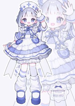 1girl :d arm_up artist_name asymmetrical_legwear blue_dress blue_hair blue_shoes blue_socks blunt_bangs blush braid commentary commission dress frilled_dress frills full_body hair_ornament hat highres long_hair looking_at_viewer open_mouth original outline shoes short_sleeves simple_background smile socks solo standing striped_clothes striped_socks symbol-only_commentary thighhighs twin_braids uneven_legwear upa_papa_co watermark white_background white_hat white_outline white_socks white_thighhighs wrist_cuffs x_hair_ornament zoom_layer