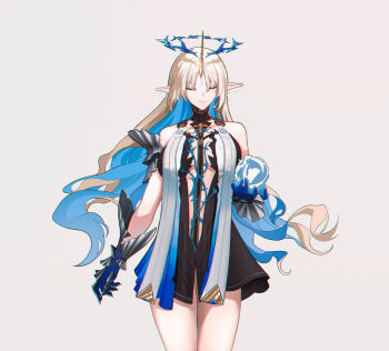 Rule 34 | 1girl, absurdres, bare shoulders, black collar, black dress, blonde hair, blue hair, blue hands, breasts, chromatic aberration, closed eyes, closed mouth, collar, colored inner hair, commentary, cowboy shot, dress, facing viewer, fleurdelys (wuthering waves), grey background, hand up, highres, horns, large breasts, multicolored hair, nervi fd, pointy ears, simple background, single horn, solo, tabard, tacet mark (wuthering waves), water orb, white tabard, wuthering waves, yellow horns