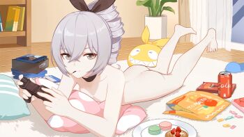 1girl ass bad_id bad_pixiv_id barefoot black_choker breasts bronya_zaychik can casual_nudity chips_(food) choker collarbone completely_nude controller drill_hair drink_can feet female_focus food game_controller gluteal_fold grey_eyes grey_hair highres holding holding_controller holding_game_controller honkai_(series) honkai_impact_3rd indoors loli looking_at_viewer lying macaron medium_hair nude on_floor on_stomach pillow playing_games pocky ponytail potato_chips small_breasts smile soda_can solo thighs third-party_edit toes wooden_floor you_ran_ling