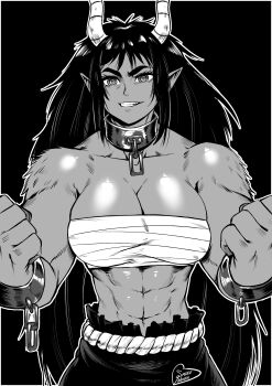abs absurdres breasts chained_wrists collar demon demon_girl fur greyscale highres horns monochrome muscular muscular_female oni pointy_ears speedl00ver