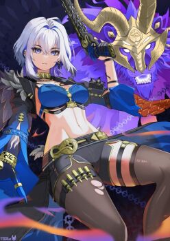 1girl black_jacket black_pantyhose black_shorts black_thighhighs blue_bra bra breasts chimera_(wuthering_waves) closed_mouth commentary cropped_jacket galbrena_(wuthering_waves) gun hair_between_eyes hand_up holding holding_gun holding_weapon jacket knightfury looking_at_viewer medium_breasts navel pantyhose purple_eyes shorts single_thighhigh stomach tacet_discord_(wuthering_waves) thigh_strap thighhighs torn_clothes torn_pantyhose underwear weapon wuthering_waves