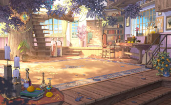 absurdly_detailed_composition analog_clock armchair blurry book bookshelf bottle box bulletin_board candle candlestand chair chest_of_drawers clock cloud coffee_grinder curtains dappled_sunlight day depth_of_field door flask flower food fruit fruit_tree hanxiaodan highres indoors jar ladder leaf lemon loaded_interior lovebrush_chronicles muntins no_humans note official_art orange_(fruit) painting_(object) picture_frame pink_flower plant potted_plant round-bottom_flask rug scenery see-through_curtains shadow shelf stairs stepladder sunlight sweater table tablecloth test_tube test_tube_rack tree treehouse unworn_sweater vase watermark weibo_watermark window wooden_floor