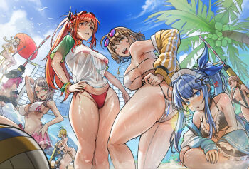 absurdres anis_(nikke) anis_(sparkling_summer)_(nikke) ball beach bikini blue_sky blush breasts elegg_(nikke) emma_(nikke) goddess_of_victory:_nikke groin highres large_breasts mast_(nikke) multiple_girls neon_(nikke) palm_tree peaceterzero rapi_(nikke) see-through_clothes sky swimsuit tree volleyball_(object) volleyball_net