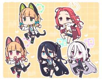 Rule 34 | 5girls, :<, :d, aqua halo, aris (blue archive), black hair, black hairband, black shoes, black skirt, black thighhighs, blonde hair, blue archive, blue eyes, blunt bangs, blush, border, bow, chibi, chibi only, closed mouth, collared shirt, commentary request, dot nose, double-parted bangs, full body, game development department (blue archive), genba neko (meme), green bow, green eyes, green halo, grey eyes, grid background, hair between eyes, hair bow, hairband, halo, heart, jacket, jitome, kei (blue archive), kei (new body) (blue archive), long hair, long hair between eyes, long sleeves, meme, midori (blue archive), momoi (blue archive), multiple girls, open clothes, open jacket, open mouth, outline, outside border, pink bow, pink eyes, pink halo, pleated skirt, pointing, rectangular halo, red bow, red eyes, red hair, red shoes, shirt, shoes, short hair, siblings, sisters, skirt, smile, standing, standing on one leg, thighhighs, twins, v-shaped eyebrows, white border, white jacket, white outline, white shirt, white shoes, yellow background, yellow halo, yoru nai, yuzu (blue archive)