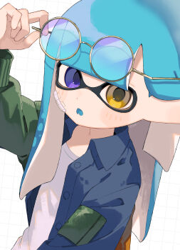 1girl :o absurdres adjusting_eyewear bandage_on_face bandages blue_eyes blue_hair blunt_bangs blush dot_nose fang green_eyes grid_background hand_on_eyewear heterochromia highres inkling inkling_girl inkling_player_character jacket nintendo open_clothes open_jacket patch patchwork_clothes round_eyewear sabata_saba shirt skin_fang solo splatoon_(series) upper_body white_background white_shirt