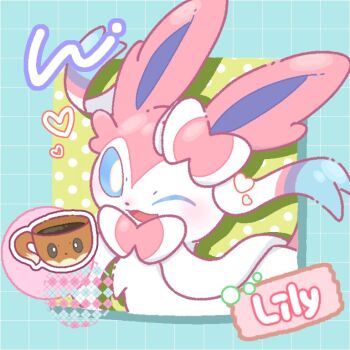 Rule 34 | animal focus, blue border, blue eyes, border, bow, bright pupils, character-themed food, commentary request, eevee, gen 1 pokemon, gen 6 pokemon, green background, lily saku39, looking at viewer, nintendo, no humans, open mouth, pink fur, pokemon, pokemon (creature), ribbon, simple background, smile, solo, sylveon, two-tone fur, upper body, white fur, white pupils