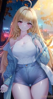 1girl absurdres ahoge autumn_leaves blonde_hair blue_jacket blush breasts building buttons city city_lights cityscape cleavage collarbone commentary_request hair_between_eyes hair_intakes hand_up head_tilt high-waist_shorts highres holding_strap jacket jingburger korean_commentary korean_text large_breasts leaf lens_flare looking_at_viewer mole mole_on_thigh nail_polish night outdoors parted_lips plaid_clothes plaid_jacket red_eyes shirt shirt_tucked_in short_shorts shorts single_bare_shoulder sky sleeveless sleeveless_shirt smile solo sparkle standing star_(sky) starry_sky strap_slip thigh_gap thighs tree unmoving_pattern virtual_youtuber waktaverse white_shirt yellow_nails yeon_do_e