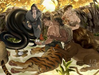 Rule 34 | 4 virgin, 4boys, arm tattoo, bear boy, black hair, brown hair, centauroid, commentary request, eating, fingernails, food, forest, full body, grey hanfu, highres, lamia boy, lion boy, male focus, monster boy, multiple boys, muscular, muscular male, nature, original, outdoors, scar, scar on chest, scar on face, sharp fingernails, steamed bun, tattoo, taur, tiger boy