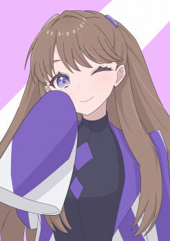 1girl ;) absurdres blush brown_hair closed_mouth commentary_request costume_request fujishima_megumi hair_intakes hasutousan highres jacket link!_like!_love_live! long_hair long_sleeves looking_at_viewer love_live! one_eye_closed open_clothes open_jacket purple_eyes purple_jacket sleeves_past_fingers sleeves_past_wrists smile solo two_side_up upper_body virtual_youtuber