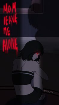 1girl alt_text bare_shoulders black_hair black_tube_top boruto:_naruto_next_generations breasts commentary english_commentary english_text from_behind haruno_sakura highres hugging_own_legs looking_back mangekyou_sharingan naruto_(series) red_eyes rozan_arts shade sharingan shoulder_blades sitting small_breasts solo strapless tube_top twitter_username uchiha_sarada