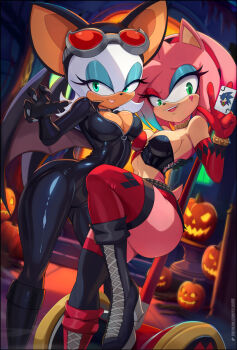 2girls amy_rose aqua_eyes bare_shoulders bat_wings bodysuit breasts card catwoman choker claws cleavage cosplay curvy dc_comics elbow_gloves eyeshadow felox08 female_focus furry furry_female gloves goggles green_eyes harley_quinn heart highres jack-o&#039;-lantern large_breasts looking_at_viewer makeup mallet multiple_girls pink_hair playing_card rouge_the_bat short_hair skin_tight sonic_(series) sonic_the_hedgehog thick_thighs thighhighs thighs white_hair wide_hips wings
