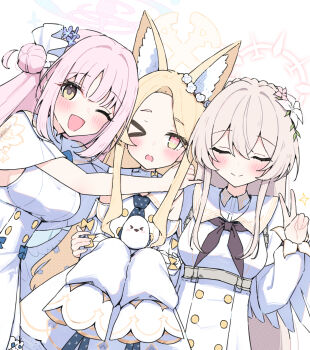 Rule 34 | > o, 3girls, angel wings, animal ear fluff, animal ears, blonde hair, blue archive, blue bow, blush, bow, breasts, brown hair, buttons, capelet, closed eyes, closed mouth, detached sleeves, double-breasted, dress, feathered wings, flower, fox ears, fox girl, gold trim, hair between eyes, hair bun, hair flower, hair ornament, halo, highres, hug, long hair, long sleeves, looking at viewer, low wings, medium breasts, mika (blue archive), multiple girls, nagisa (blue archive), one eye closed, open mouth, pink hair, pink halo, red halo, sateto (user knrf2332), seia (blue archive), simple background, single hair bun, single side bun, sleeveless, sleeveless dress, sleeves past wrists, smile, tea party (blue archive), very long hair, white background, white capelet, white dress, white wings, wings, yellow eyes, yellow halo