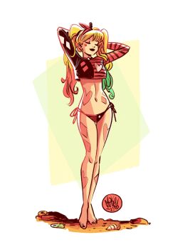 Rule 34 | 1girl, alt text, arms up, artist name, barefoot, bikini, black bikini, black lips, black nails, blonde hair, closed eyes, closed mouth, commentary, crop top, dated, dc comics, english commentary, full body, green hair, harley quinn, heart, highres, long hair, long sleeves, mikemaihack, multicolored bikini, multicolored hair, multicolored nails, nail polish, narrow waist, navel, red bikini, red hair, red nails, seashell, shell, side-tie bikini bottom, simple background, solo, swimsuit, thigh gap, toenail polish, toenails, twintails, two-tone bikini, two-tone nails, white background