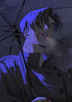 1boy absurdres black_hair black_jacket blood blood_on_cheek blood_on_hands blue_eyes cigarette commentary curtained_hair earrings english_commentary floating_hair from_below highres holding holding_umbrella jacket jewelry mafia mouth_hold night original overcast pafujojo popped_collar rain short_hair side_part sidelighting sky smoking stud_earrings transparent transparent_umbrella umbrella upper_body veiny_neck water_drop