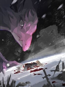 1girl absurdres bang_dream! bang_dream!_it's_mygo!!!!! black_cloak blood brown_hair chihaya_anon chinese_commentary cloak commentary_request dragon highres injury long_hair lying monsterification nagasaki_soyo on_back snow was775