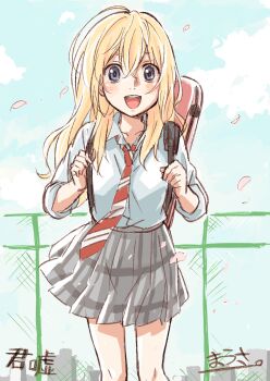 Rule 34 | 1girl, :d, blonde hair, blue eyes, blue shirt, cloud, collarbone, commentary request, crossed bangs, day, diagonal-striped clothes, diagonal-striped necktie, falling petals, fence, grey skirt, hair between eyes, highres, holding strap, instrument case, instrument case on back, long hair, looking at viewer, miniskirt, miyazono kawori, necktie, open mouth, outdoors, petals, pink petals, pleated skirt, red necktie, shigatsu wa kimi no uso, shirt, shirt tucked in, skirt, sky, skyline, sleeves rolled up, smile, solo, standing, striped clothes, waasa