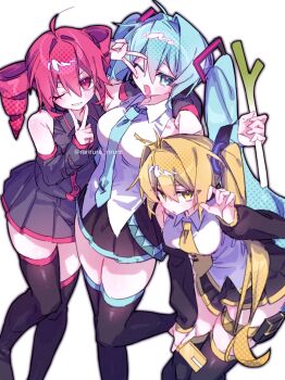 3girls ;) ;d ahoge akita_neru aqua_belt aqua_eyes aqua_hair aqua_necktie aqua_trim arm_around_neck arm_on_another's_shoulder artist_name bare_shoulders belt black_boots black_shirt black_skirt black_sleeves blonde_hair boots collared_shirt commentary detached_sleeves double-parted_bangs drill_hair food grin hair_between_eyes hair_tie hatsune_miku headset highres holding holding_food holding_phone holding_spring_onion holding_vegetable kasane_teto long_hair loose_belt miniskirt multiple_girls necktie one_eye_closed open_mouth phone rarirure_rirure red_eyes red_hair red_trim shirt side_ponytail skirt sleeveless sleeveless_shirt smile spring_onion standing standing_on_one_leg thigh_boots tie_clip triple_baka_(vocaloid) twin_drills twintails twitter_username utau v v_over_eye vegetable very_long_hair vocaloid white_background white_shirt yellow_eyes yellow_necktie yellow_trim