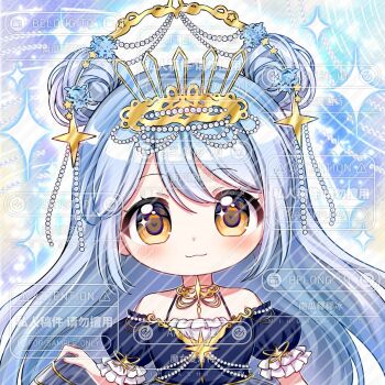 1girl :3 blue_background blue_dress blue_hair blush chibi chibi_only closed_mouth crown double_bun dress frilled_sleeves frills hair_bun highres long_hair looking_at_viewer monu_xialuote off-shoulder_dress off_shoulder original portrait short_sleeves smile solo sparkle too_many_watermarks watermark yellow_eyes