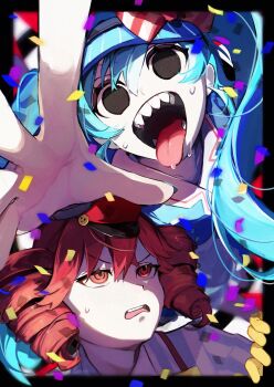 2girls :d apron aqua_hair black_border black_eyes black_mouth blue_dress blue_shirt border bow collared_dress commentary crazy diagonal-striped_bow dress drill_hair empty_eyes eyelashes foreshortening fukami_suiren gloves hair_between_eyes hat hat_bow hatsune_miku highres jumping kasane_teto long_hair loose_hair_strand mesmerizer_(vocaloid) multiple_girls name_tag open_mouth outside_border parted_lips pinstripe_hat reaching reaching_towards_viewer red_bow red_eyes red_hair red_hat red_suspenders ringed_eyes sharp_teeth shirt smile smiley_hair_ornament spread_fingers striped_bow striped_clothes striped_shirt teeth tongue tongue_out twin_drills twintails utau v-shaped_eyebrows vertical-striped_clothes vertical-striped_shirt very_long_hair visor_cap vocaloid waist_apron wavy_mouth white_apron white_bow white_shirt yellow_gloves