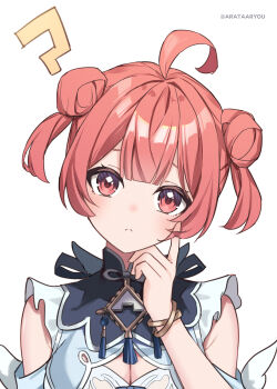 1girl ? absurdres ahoge arata_ryou armpit_crease artist_name bare_shoulders black_collar breasts center-flap_bangs cleavage closed_mouth clothing_cutout collar commentary_request double-parted_bangs double_bun dress finger_to_cheek hair_bun hand_up head_tilt highres index_finger_raised looking_at_viewer medium_breasts red_eyes red_hair short_hair shoulder_cutout simple_background solo straight-on sweatdrop tassel two_side_up upper_body virtual_youtuber vspo! white_background white_dress yumeno_akari