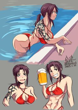 Rule 34 | 1girl, abs, arm tattoo, beer mug, bikini, black lagoon, breasts, brown eyes, brown hair, cleavage, cropped torso, cup, drinking glass, grey background, grin, hair intakes, highres, holding, holding cup, large breasts, mimiyama kiichi, mug, multiple views, open mouth, ponytail, pool, red bikini, revy (black lagoon), shoulder tattoo, smile, swimsuit, tattoo, teeth, toned, toned female, wading, water, wet