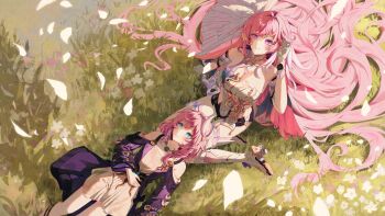 2girls absurdres bare_shoulders blue_eyes boots breasts coat commentary_request company_connection corset cyrene_(aedes_elysiae)_(honkai:_star_rail) cyrene_(honkai:_star_rail) diamond-shaped_pupils diamond_(shape) dress elysia_(herrscher_of_human:_ego)_(honkai_impact) elysia_(honkai_impact) falling_petals gloves hair_ornament highres honkai:_star_rail honkai_(series) honkai_impact_3rd inoue_marina jewelry korean_commentary lap_pillow_invitation large_breasts long_hair multicolored_hair multiple_girls necklace on_ground outdoors petals pink_hair purple_coat purple_eyes reosroom smile symbol-shaped_pupils two-tone_hair very_long_hair voice_actor_connection white_boots white_corset white_dress white_gloves white_hair yanning