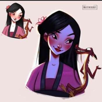 1boy 1girl animification artist_request asian black_hair brown_eyes chinese_clothes dragon dress eastern_dragon fa_mulan_(disney) hanfu long_hair looking_at_viewer makeup mulan_(movie) mushu_(disney) non-web_source simple_background small_dragon smile source_request
