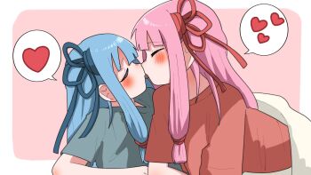 2girls alternate_costume blue_hair blush closed_eyes haru_maron heart highres incest kiss kotonoha_akane kotonoha_aoi long_hair multiple_girls pink_background pink_hair shared_blanket shirt spoken_heart t-shirt under_covers voiceroid yuri
