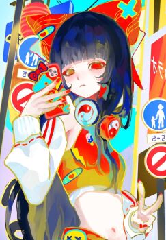 1girl alternate_costume black_hair blunt_bangs bow cellphone closed_mouth commentary_request crop_top detached_sleeves earphones expressionless hair_tubes hakurei_reimu holding holding_phone long_hair looking_at_viewer mashi_(pixiv_zcjd2538) midriff nail_polish navel phone red_bow red_eyes red_nails road_sign sign smartphone solo touhou v