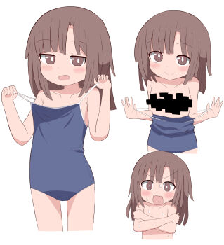 1girl absurdres black_hair blue_one-piece_swimsuit blunt_ends blush breasts bright_pupils censored collarbone covering_breasts covering_privates cropped_legs cropped_torso dot_nose embarrassed glitch glitch_censor highres kitanaga loli nervous_sweating one-piece_swimsuit open_mouth psnt_8010 pulling_own_clothes simple_background small_breasts smile solo sweat swimsuit teasing thigh_gap ueno-san_wa_bukiyou undressing white_background white_pupils