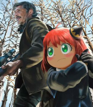 1boy 1girl ahoge anya_(spy_x_family) bear black_gloves black_hair black_jacket black_sleeves closed_mouth commentary cowboy_shot crossover english_commentary facial_hair finger_gun frown gloves green_eyes green_pants grey_hair gun highres holding holding_gun holding_weapon jacket joel_(the_last_of_us) long_sleeves looking_ahead marathonman98 mustache open_mouth outdoors pants parted_bangs parted_lips pink_hair rifle scope sniper_rifle spy_x_family teeth the_last_of_us the_last_of_us_(series) tree upper_body v-shaped_eyebrows weapon winter