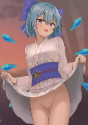 Rule 34 | 1girl, :d, absurdres, alternate costume, blue bow, blue eyes, blue hair, blue sash, blush, bow, censored, cherry blossom print, cirno, clothes lift, commentary request, commission, cowboy shot, eyebrows hidden by hair, eyelashes, floral print, groin, hair between eyes, hair bow, hands up, head tilt, highres, hood, hood up, huge bow, ice, ice wings, japanese clothes, kimono, kimono lift, lifted by self, long sleeves, looking down, mosaic censoring, no panties, open mouth, outdoors, presenting, print kimono, pussy, raised eyebrows, sash, short hair, skeb commission, smile, solo, sunset, surprised, sweatdrop, szl, touhou, tsurime, variant set, white kimono, wide-eyed, wide sleeves, wings, yukata