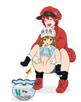 2girls age_difference animal anus assisted_peeing bag baseball_cap black_footwear black_socks blue_shirt blush boots brown_eyes brown_hair carrying carrying_person censored closed_eyes clothes_lift clothes_writing fish fishbowl gloves hat hataraku_saibou jacket loli long_hair long_sleeves multiple_girls navel neko_no_kimagure open_mouth oversized_clothes oversized_shirt peeing peeing_in_bowl plant platelet_(hataraku_saibou) pussy red_blood_cell_(hataraku_saibou) red_footwear red_hair red_hat red_jacket rock shirt shirt_lift shoes short_hair smile socks spread_legs squatting water white_background white_gloves white_hat