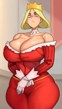 Rule 34 | 1girl, bare shoulders, blonde hair, blue eyes, breasts, cleavage, closed mouth, commentary, crown, dress, english commentary, gloves, highres, hilling (ousama ranking), kelvin hiu, large breasts, mature female, ousama ranking, red dress, short hair, solo, white gloves