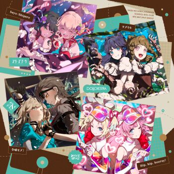 Rule 34 | 6+girls, :d, ;d, above-cleavage cutout, absurdres, anyoji hime, bare shoulders, black gloves, black hair, black vest, blonde hair, blue dress, blue eyes, blue hair, blunt bangs, braid, braided sidelocks, brown gloves, brown shirt, ceras yanagida lilienfeld, claw pose, clothing cutout, cone hair bun, dollchestra, double bun, dress, edel note, elbow gloves, english text, eye contact, fingerless gloves, gloves, gradient hair, green eyes, grey hair, grey shirt, grin, hair bun, hair intakes, hand on another's shoulder, heart, heart hands, highres, hinoshita kaho, hip hip hooray! (love live!), holding hands, jellyfish cut, kachimachi kosuzu, katsuragi izumi, link! like! love live!, looking at another, looking at viewer, love live!, mira-cra park!, mixed-language text, momose ginko, multicolored hair, multiple girls, murano sayaka, official art, one eye closed, open mouth, orange eyes, osawa rurino, pink eyes, pink hair, reboot (love live!), reijou mob! (love live!), rope ladder, sayo-shigure (love live!), second-party source, shirt, short sleeves, sleeves rolled up, smile, sunglasses, teeth, translation request, upper teeth only, v-shaped eyebrows, vest, virtual youtuber