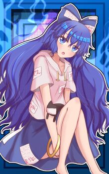 1girl :o barefoot ben-day_dots black_border black_outline blue_background blue_bow blue_eyes blue_hair blue_skirt border bow bracelet collarbone commentary drawstring drop_shadow fiery_background fire gold_bracelet hair_bow head_tilt highres hood hoodie jewelry knees_together_feet_apart long_hair open_mouth outline rykyukkuri screentones sitting skirt solo stuffed_animal stuffed_cat stuffed_toy touhou white_hoodie white_outline yorigami_shion