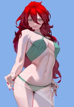 Rule 34 | 1girl, absurdres, aqua eyes, blue background, breasts, commentary, cowboy shot, english commentary, hair between eyes, highres, light smile, long hair, looking at viewer, medium breasts, nail polish, navel, ori dal, original, red nails, simple background, skindentation, sling bikini top, solo, straight-on, swimsuit