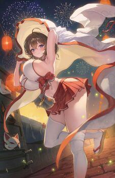 1girl absurdres aerial_fireworks blue_eyes blush bow breasts brown_hair closed_mouth clothing_cutout commentary fireworks hakama hakama_short_skirt hakama_skirt haori highres hip_vent holding holding_unworn_clothes huge_breasts japanese_clothes lantern long_hair looking_at_viewer midriff navel night night_sky nontraditional_miko original outdoors platform_sandals print_haori red_bow red_hakama red_skirt ryu_o sandals skirt sky smile solo standing standing_on_one_leg summer_festival symbol-only_commentary takamiya_keika thighhighs thighs white_thighhighs