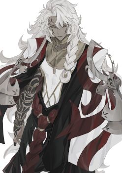 Rule 34 | 1boy, absurdres, arm tattoo, armor, black nails, bracelet, braid, dark-skinned male, dark skin, fate/grand order, fate (series), hair between eyes, highres, jewelry, long hair, long sleeves, male focus, neck ring, ring, robe, simple background, single braid, solo, solomon (fate), tattoo, upper body, very long hair, white background, white hair, wo do, yellow eyes