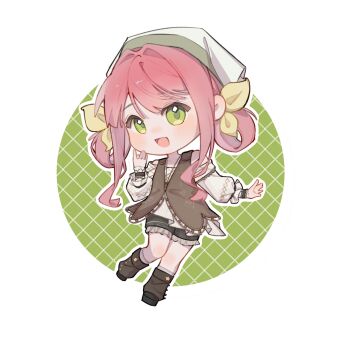 1girl bare_shoulders black_leg_warmers black_shoes black_shorts black_wrist_cuffs bow brown_vest buttons chibi circle diamond_print frilled_shorts frilled_sleeves frilled_wrist_cuffs frills green_background green_eyes grid_background hair_bow hair_intakes hair_rings hand_on_own_cheek hand_on_own_face happy headscarf highres infinity_nikki jewelry leg_warmers light_blush loafers long_sidelocks long_sleeves necklace nikki_(series) off-shoulder_shirt off_shoulder open_mouth outline pink_hair print_leg_warmers print_sleeves puffy_long_sleeves puffy_sleeves shirt shoes short_hair_with_long_locks shorts sidelocks smile solo standing star_(symbol) star_print stylist_(nikki) two-tone_background vest wavy_hair white_background white_headscarf white_outline white_shirt wrist_cuffs yellow_bow you_yelan