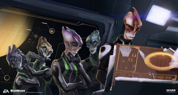 1boy 4others ^_^ alien ben_lo bioware black_bodysuit black_eyes bodysuit closed_eyes commentary concept_art electronic_arts english_commentary expressionless hand_on_another's_head highres holographic_monitor logo looking_down mass_effect:_andromeda mass_effect_(series) mass_effect_2 mordin_solus multiple_others official_art production_art salarian thinking