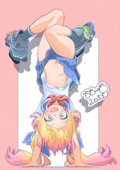 1girl absurdres belly blonde_hair blue_bra blue_ribbon blue_sailor_collar blue_skirt blush border bra breasts dated green_eyes hair_flowing_over handstand highres loli long_hair looking_at_viewer multicolored_hair navel neckerchief open_mouth oversized_shoes pink_border pink_hair pleated_skirt red_neckerchief ribbon sailor_collar shirt shoes signature skirt smile sneakers solo thick_thighs thighs totomoto twintails two-tone_hair underwear upside-down