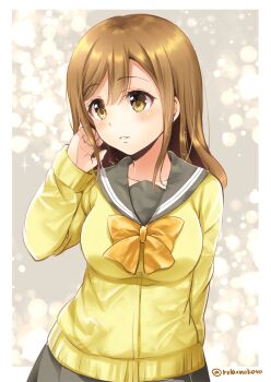 1girl arm_at_side blurry blush bokeh bow bowtie brown_eyes brown_hair cardigan commentary_request depth_of_field female_focus grey_sailor_collar kunikida_hanamaru long_hair long_sleeves love_live! love_live!_sunshine!! orange_bow orange_bowtie parted_lips revision sailor_collar sakurai_makoto_(custom_size) school_uniform solo tucking_hair twitter_username upper_body uranohoshi_school_uniform yellow_cardigan