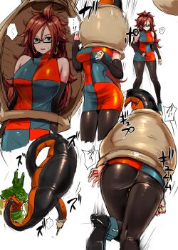 !? 1boy 1girl absorbing android_21 ass bare_shoulders black-framed_eyewear blue_eyes breasts brown_hair cell_(dragon_ball) curly_hair detached_sleeves dragon_ball dragon_ball_fighterz dragonball_z dress earrings from_behind glasses hoop_earrings ishimiso_(ishimura) jewelry lab_coat large_breasts leg_up long_hair long_sleeves looking_at_viewer medium_breasts monster motion_lines multiple_views muscular nail_polish open_mouth pantyhose red_hair semi-perfect_cell semi-rimless_eyewear simple_background sleeveless sleeveless_dress sleeves_past_wrists smile speed_lines standing standing_on_one_leg sweat tail tail_vore under-rim_eyewear vore white_background