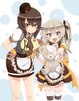 Rule 34 | 10s, alternate costume, apron, ascot, bandages, black ascot, black hat, black legwear, black ribbon, black skirt, boko (girls und panzer), bow, brown eyes, closed mouth, coco's, cowboy shot, garrison cap, girls und panzer, hair ribbon, hand on own hip, hat, hitoshi suda, holding, holding stuffed toy, kuromorimine military uniform, lace, lace-trimmed skirt, lace trim, light brown hair, long hair, looking at viewer, military hat, miniskirt, name tag, nishizumi maho, open mouth, pencil skirt, puffy short sleeves, puffy sleeves, ribbon, shimada arisu, shirt, short hair, short sleeves, side ponytail, skirt, smile, standing, striped clothes, striped legwear, striped skirt, striped thighhighs, stuffed animal, stuffed toy, thighhighs, waist apron, waitress, yellow shirt