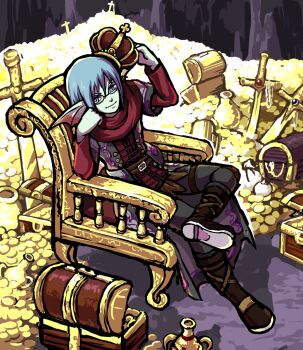 Rule 34 | 1boy, aqua skin, black-framed eyewear, black pants, blue eyes, blue hair, boots, brown boots, coin, colored skin, commentary request, crossed legs, crown, dragon quest, dragon quest x, figure four sitting, fins, fish boy, flei rainbow, glasses, gold coin, hand on own cheek, hand on own face, head fins, highres, holding, holding crown, looking to the side, male focus, monster boy, pants, planted, planted sword, planted weapon, red scarf, red shirt, scarf, shirt, short hair, sitting, smile, solo, sword, treasure, treasure chest, vase, weapon, weddie (dq10)