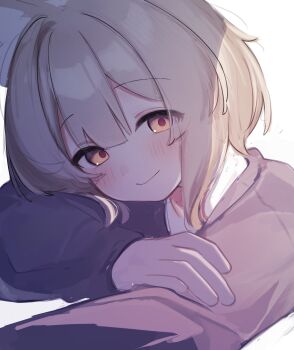 Rule 34 | 1girl, animal ear fluff, animal ears, blush, brown hair, brown sweater, closed mouth, commentary, highres, long sleeves, looking at viewer, orange eyes, original, puffy long sleeves, puffy sleeves, riya (01214), shirt, simple background, smile, solo, sweater, symbol-only commentary, upper body, white background, white shirt