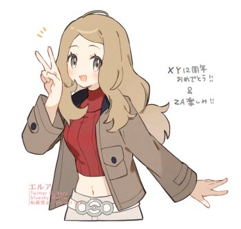 1girl :d blonde_hair commentary cosplay cropped_shirt erua_(_8eru) grey_eyes jacket long_hair long_sleeves midriff navel nintendo open_clothes open_jacket open_mouth pokemon pokemon_legends:_z-a pokemon_xy red_shirt serena_(pokemon) shirt smile solo symbol-only_commentary taunie_(pokemon) taunie_(pokemon)_(cosplay) track_jacket v